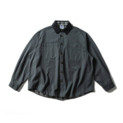 Colour-Block Turn-Down Collar Long Sleeve Shirt – Washed Heavy Cotton (Unisex)