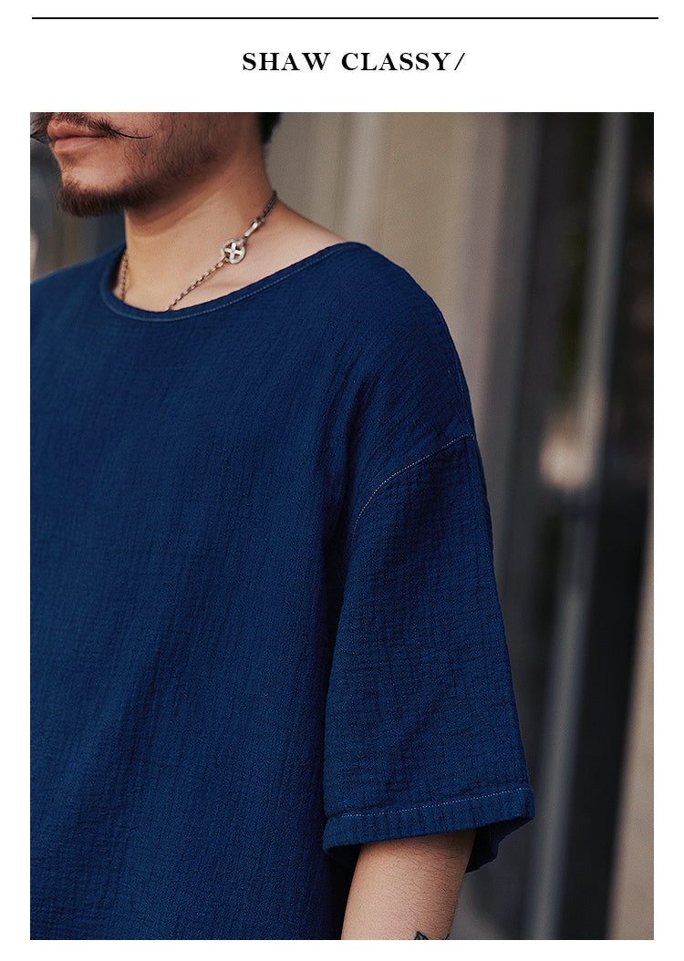 Original Japanese Retro Indigo Dyed Loose Couple Style Casual Short Sleeve T-Shirt