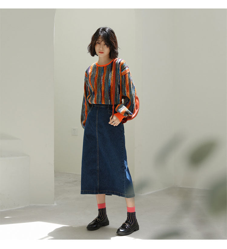 Colorful Striped Lazy Pullover Sweater – Thickened Crew-Neck Loose Fit (Women)