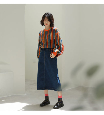 Colorful Striped Lazy Pullover Sweater – Thickened Crew-Neck Loose Fit (Women)