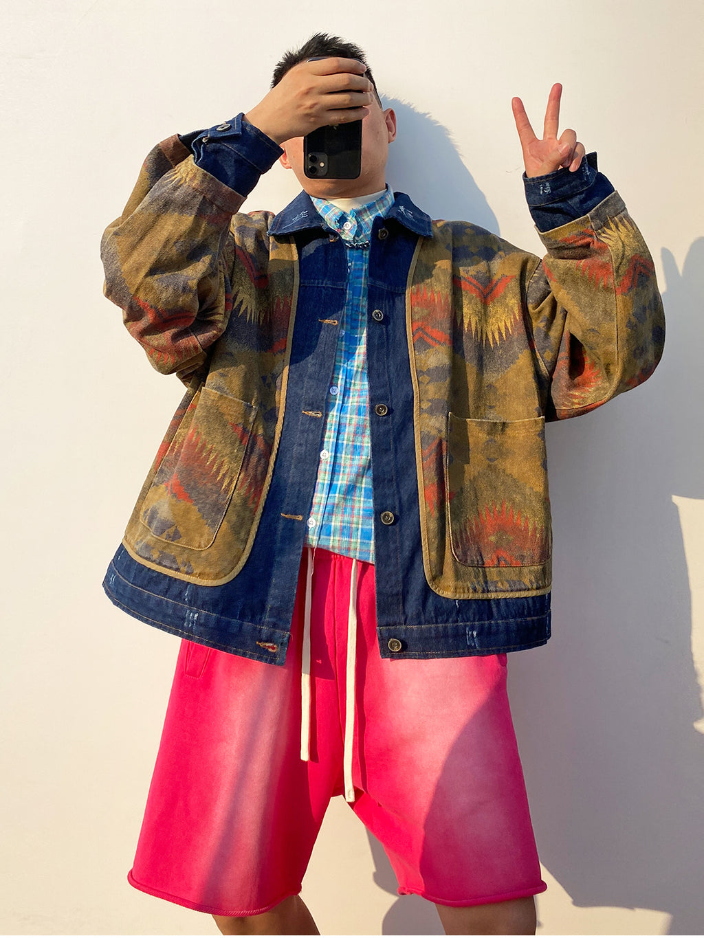 Shanwu Patchwork Blue Lapel Jacket – Retro American Streetwear, Unisex