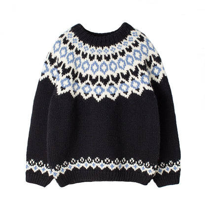 Handmade Fair Isle Wool Cardigan – Artistic Ferris-Wheel Pattern (Unisex)