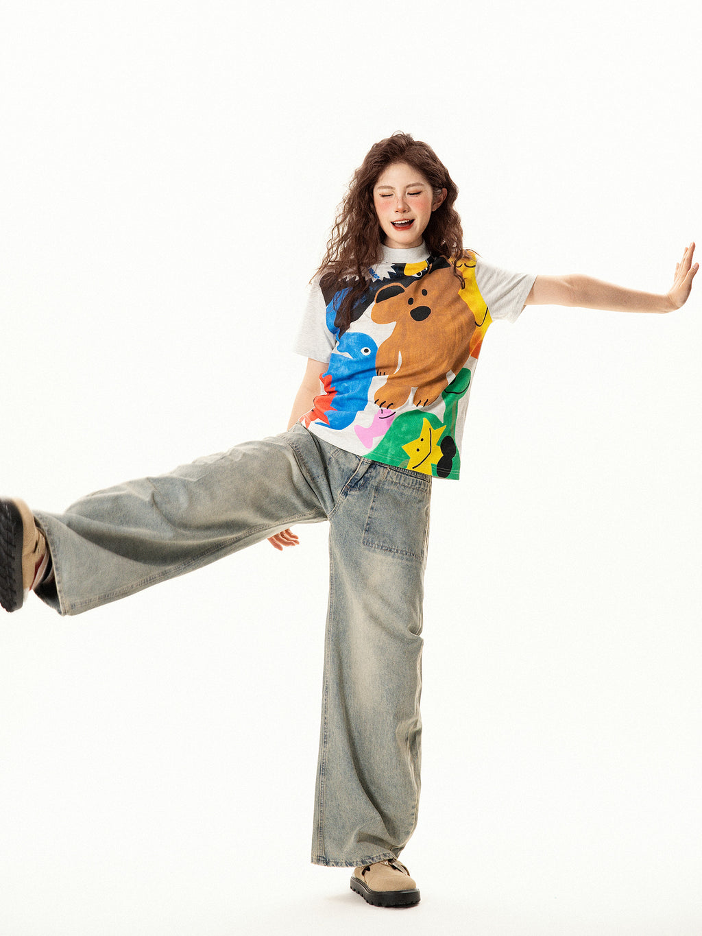 Vintage Fun Cartoon Print Regular Shoulder Short Sleeve T-Shirt for Women Summer Niche Design Slim Fit Top