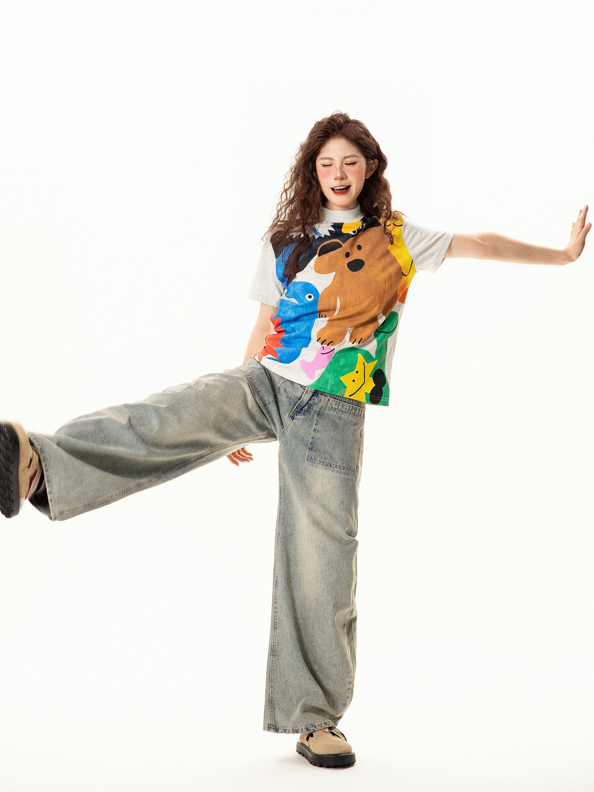 Vintage Fun Cartoon Print Regular Shoulder Short Sleeve T-Shirt for Women Summer Niche Design Slim Fit Top