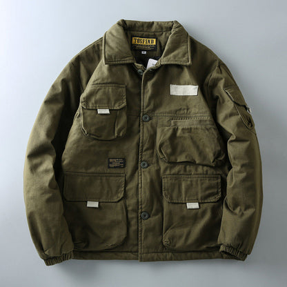 Japanese Retro Washed Multi-Pocket Military Workwear Jacket - Thickened Cotton Coat
