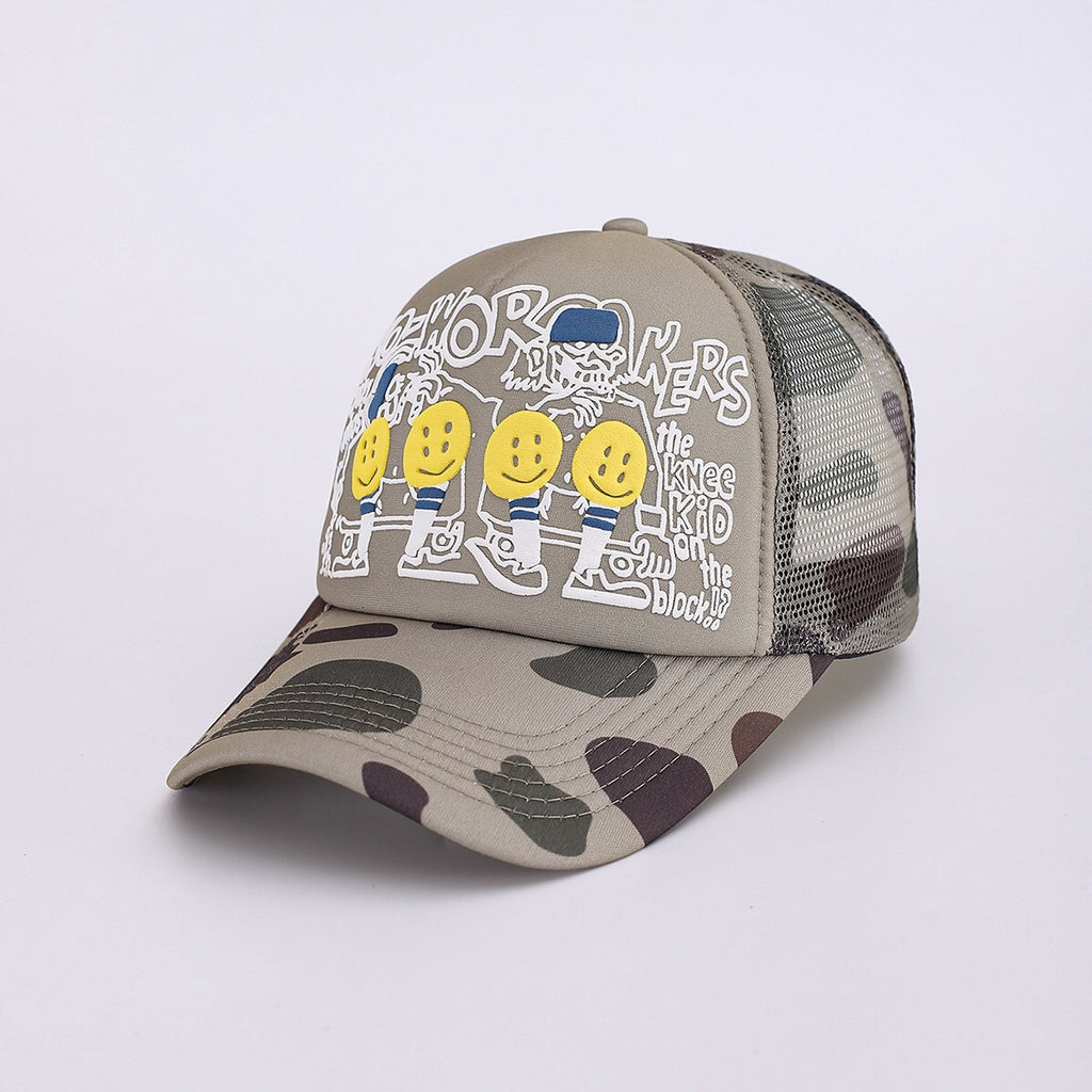 Japanese 25AW Kapital Hirata Kazuhiro Smiley Face Camo Foam Print Mesh Baseball Cap – Breathable Patchwork Design