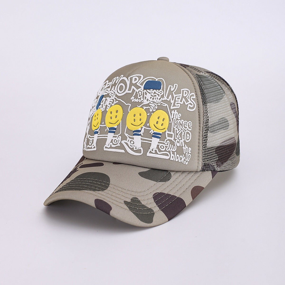 Japanese 25AW Kapital Hirata Kazuhiro Smiley Face Camo Foam Print Mesh Baseball Cap – Breathable Patchwork Design