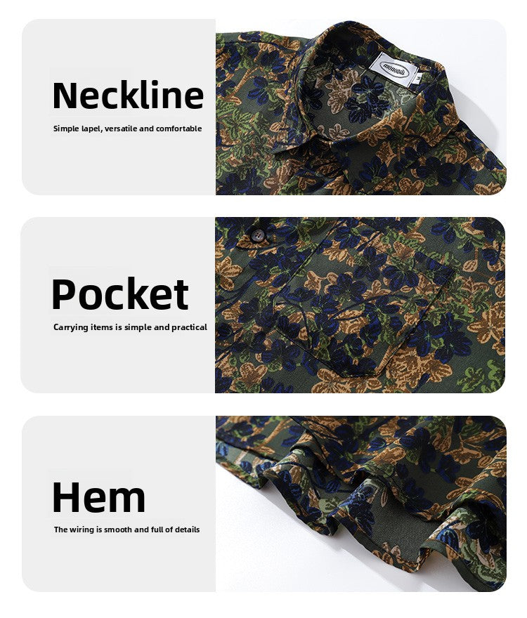 Japanese Style Trendy Floral Print Long Sleeve Shirt for Men Autumn Travel Vacation Lazy Casual Floral Shirt