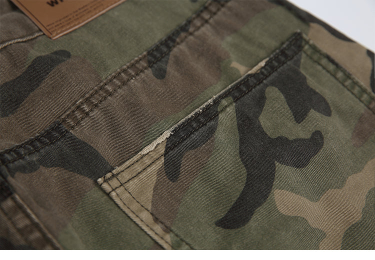 Men's American Street Retro Cargo Pants - Camouflage Heavy Washed Ripped Straight-Leg Pants