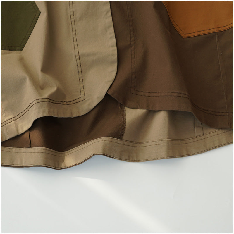 Color-Block Mid-Length Trench Coat – Japanese Retro V-Neck Single-Breasted Jacket