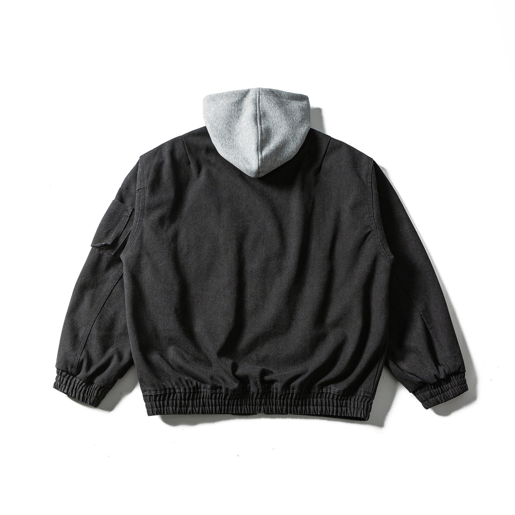 American Retro Detachable-Hood Workwear Bomber Jacket – Embroidered Washed Cotton (Unisex)