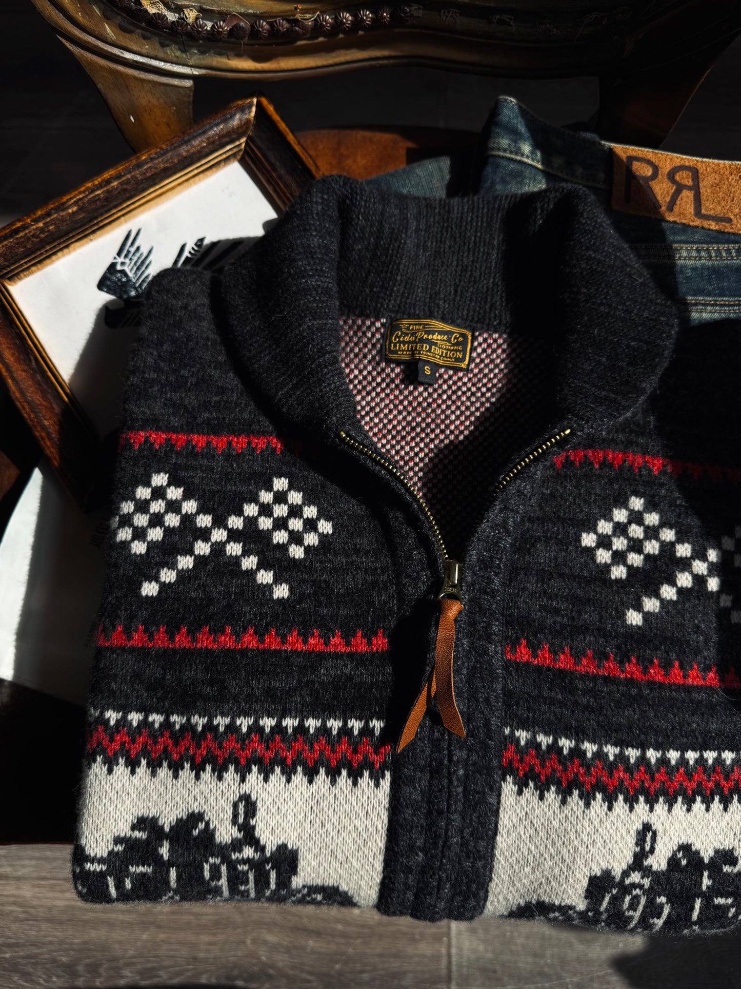 RRL Motorcycle Club Jacquard Cardigan – Heavy Retro Green Knit (Unisex)