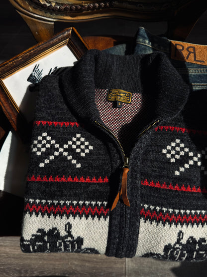 RRL Motorcycle Club Jacquard Cardigan – Heavy Retro Green Knit (Unisex)