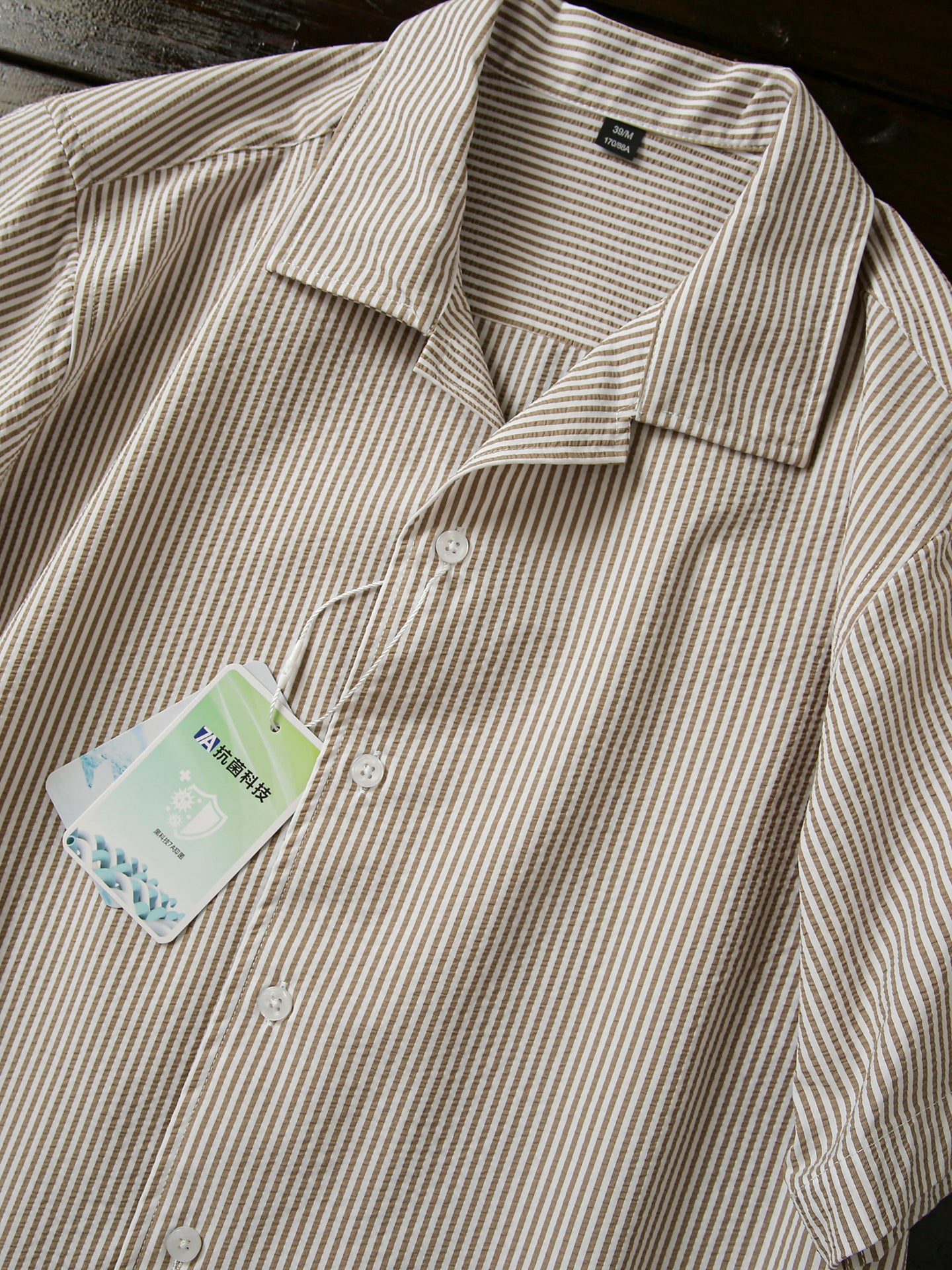 Bubble Gauze Texture 7A Antibacterial Cool Summer Men's Cuban Collar Striped Short Sleeve Shirt Top
