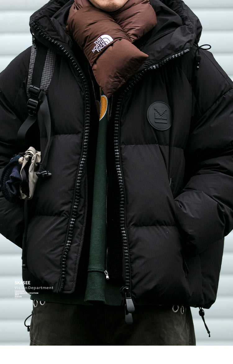 Detachable Fake Two-Piece Wool Collar Puff Feel Down Jacket Men Winter Trendy Loose Thickened Plaid Pattern Coat Trendy