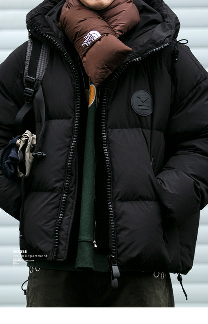 Men's Plaid Down Jacket - Detachable Wool Collar Thickened Warm Puff Coat