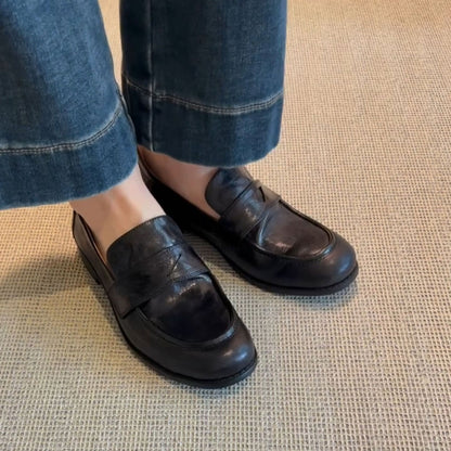 Women's Retro Genuine Leather Loafers - Sheepskin Slip-On Chunky Heel British Style Lazy Shoes