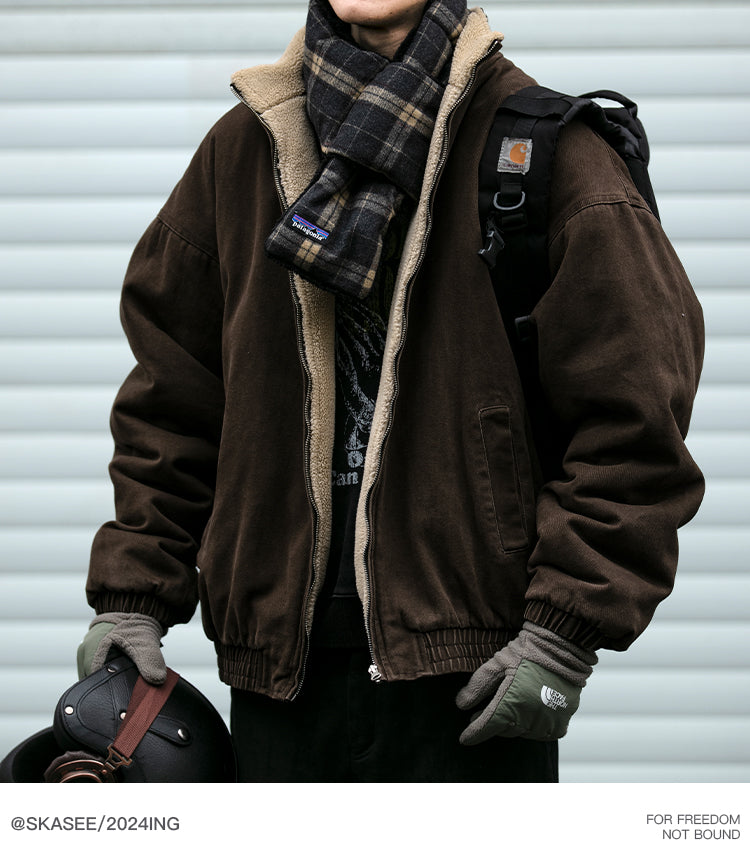 Japanese Retro Melad Stand Collar Lamb Wool Cotton Jacket for Men Winter Trendy Loose Couple Thickened Warm Cotton Coat Trendy