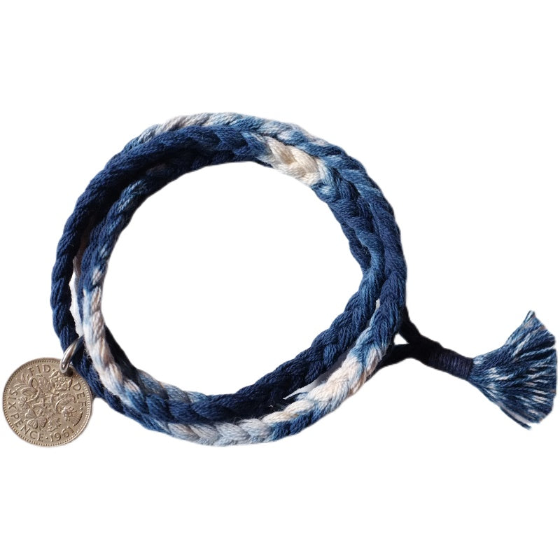 Sixpence Lucky Coin Blue Dyed Woven Bracelet Amekaji Indigo National Trend Couple Bracelet