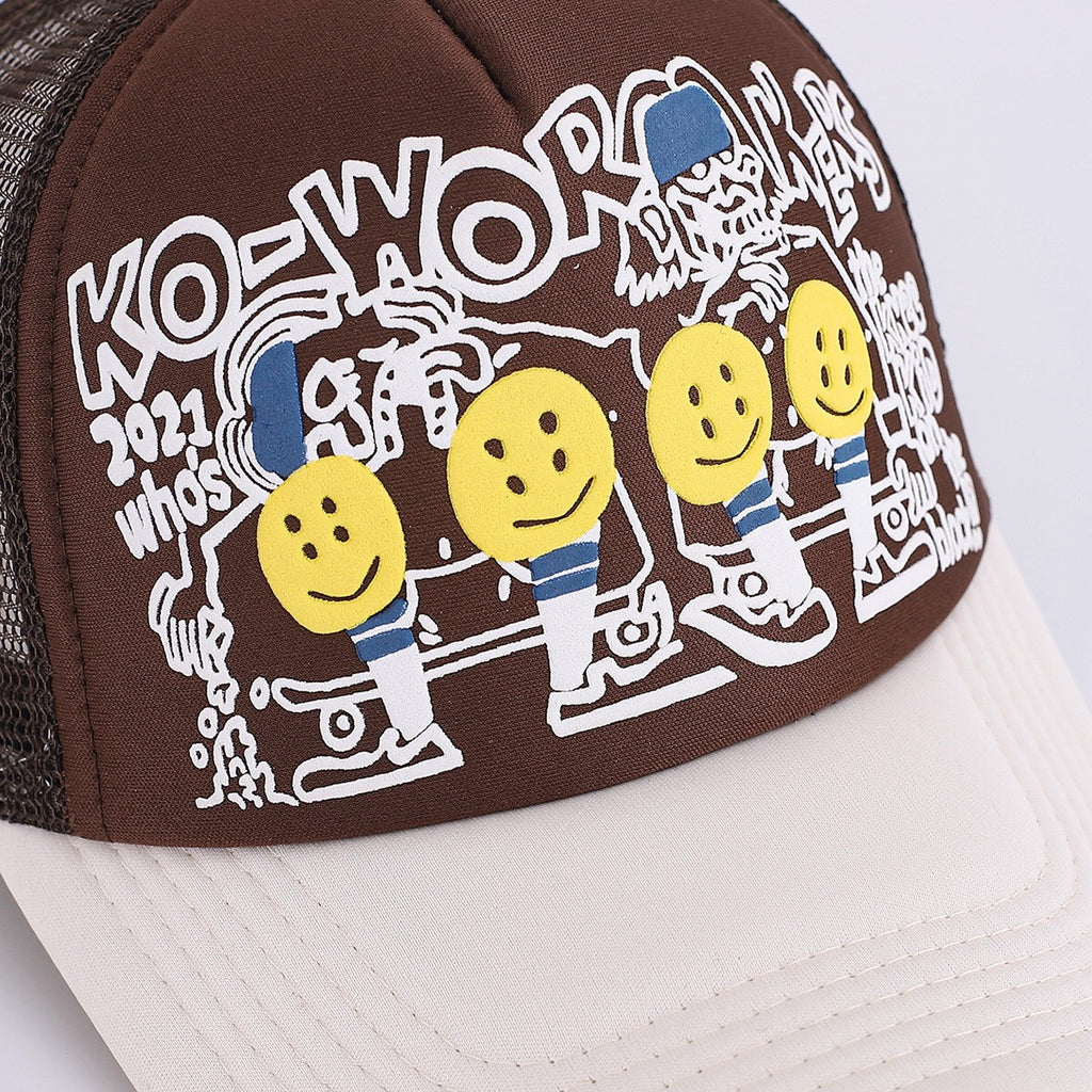 Japanese 25AW Kapital Hirata Kazuhiro Smiley Face Camo Foam Print Mesh Baseball Cap – Breathable Patchwork Design