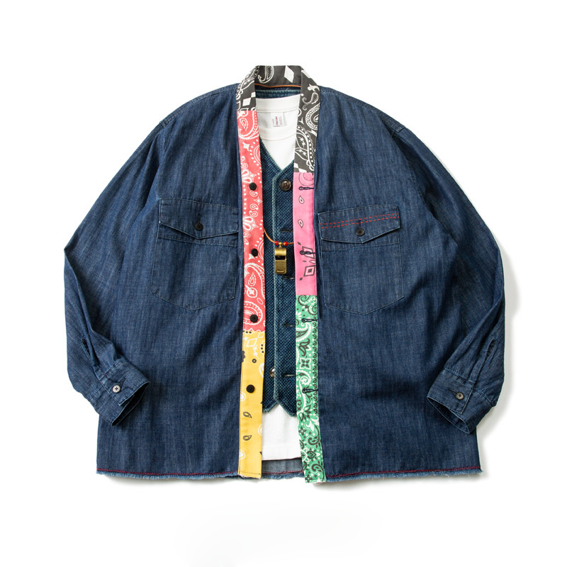 Japanese Retro Ethnic Washed Denim Kimono Jacket - Loose Vintage Workwear Shirt Robe for Men