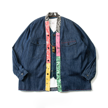 Japanese Retro Ethnic Washed Denim Kimono Jacket - Loose Vintage Workwear Shirt Robe for Men