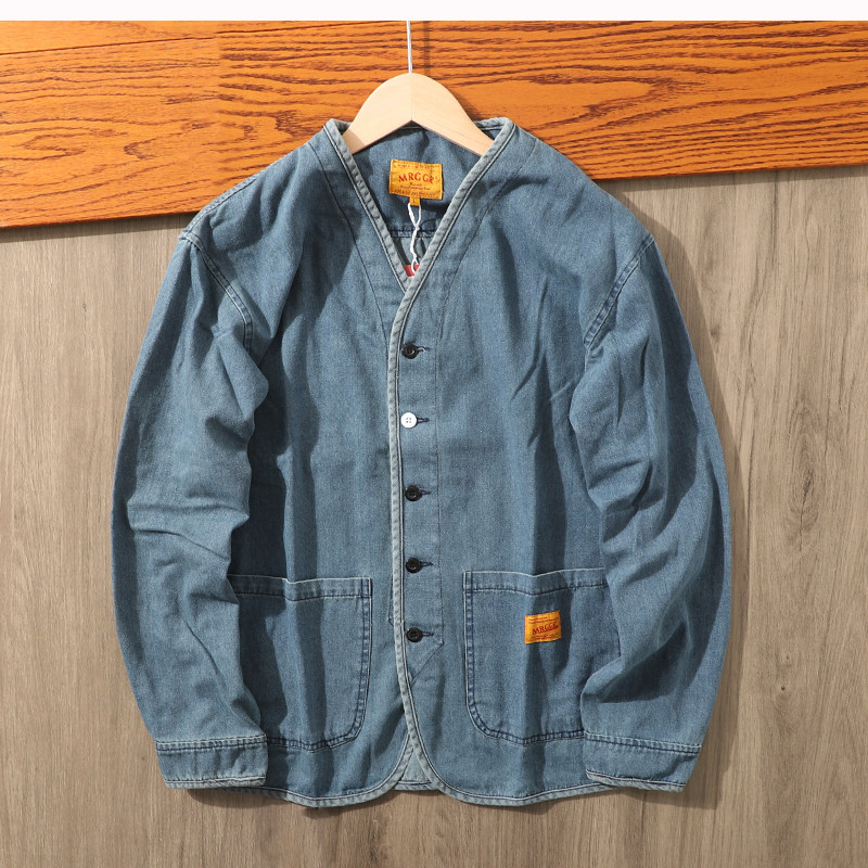 Autumn New Japanese Retro Washed Cotton Men's Casual Versatile Collarless Denim Jacket Coat Trend | Yamalinclothes