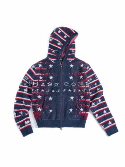 Hooded Knit Cardigan – Star & Stripe Jacquard