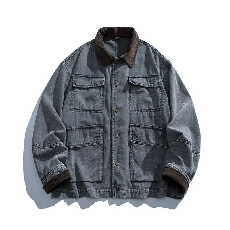 Cotton Cargo Jacket – Corduroy Collar & Four Pockets | Yamalin clothes | Vintage workwear outfit for men