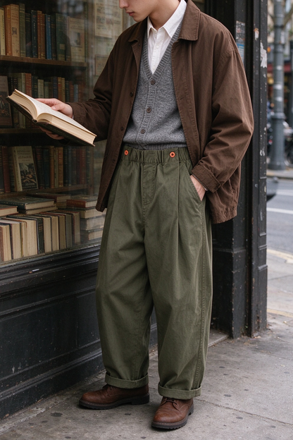 Wide-Leg Cotton Pants – Pleated Elastic Waist | Yamalinclothes | Vintage workwear outfit
