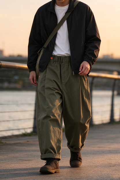 Wide-Leg Cotton Pants – Pleated Elastic Waist | Yamalinclothes | Vintage workwear outfit