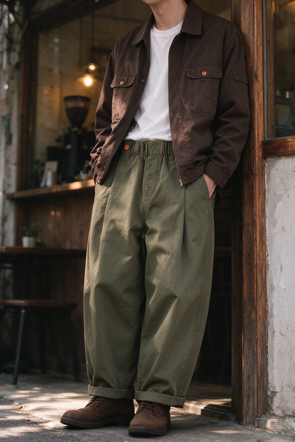 Wide-Leg Cotton Pants – Pleated Elastic Waist | Yamalinclothes | Vintage workwear outfit