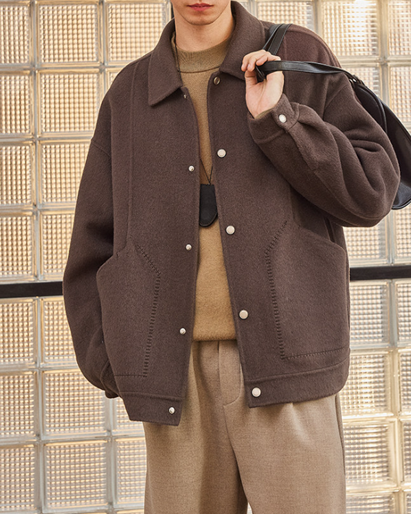 Double-Faced Wool Lapel Short Coat – Japanese Vintage Loose Unisex – Coats Jackets | japanese streetwear | vintage workwear | unisex | Yamalinclothes