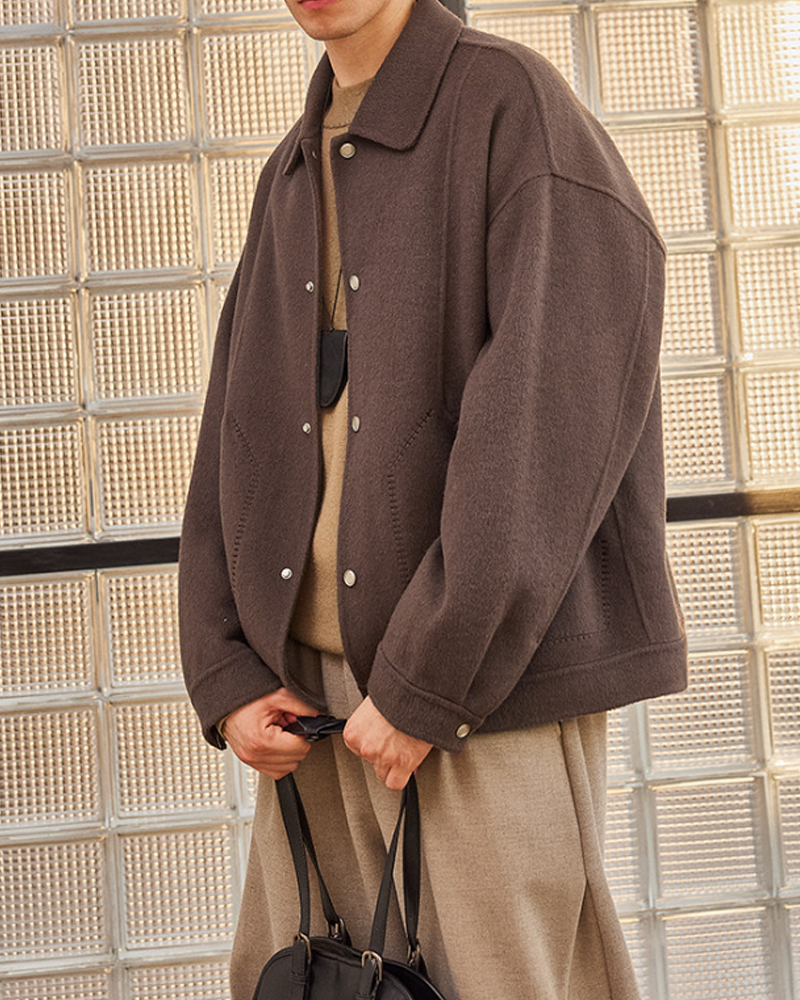Double-Faced Wool Lapel Short Coat – Japanese Vintage Loose Unisex – Coats Jackets | japanese streetwear | vintage workwear | unisex | Yamalinclothes