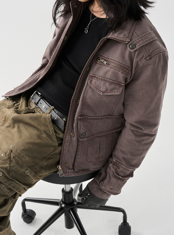 Cotton Utility Jacket – Stand Collar & Layered Pockets | Yamalinclothes