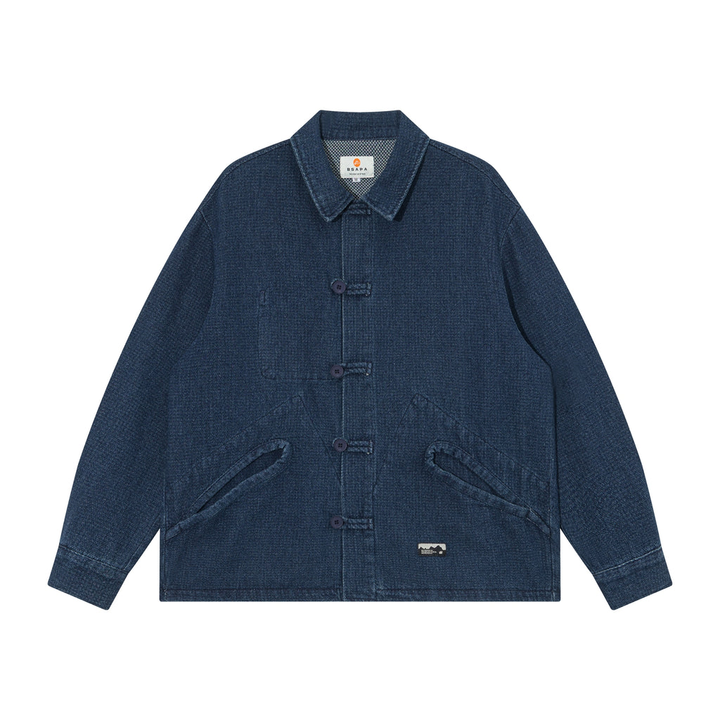 Ethnic-Style Buckle Denim Jacket – Vintage Washed Casual Outerwear with Chinese Folk Detail