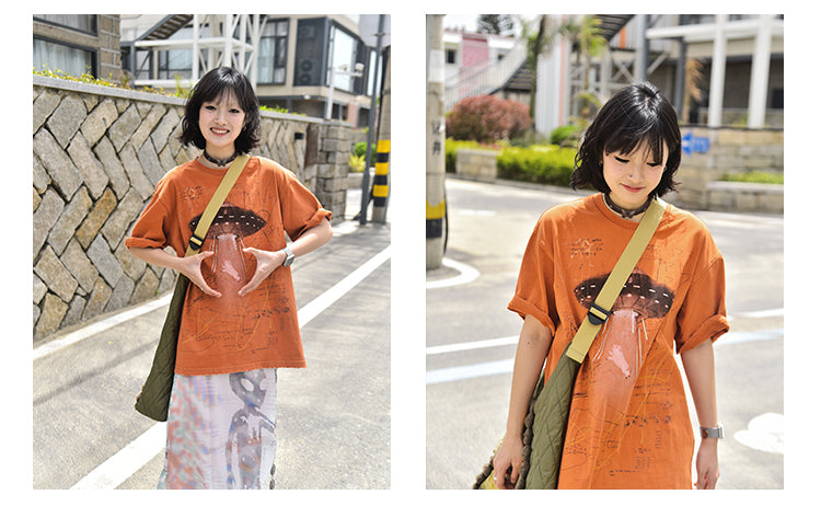 Alien Piggy 230g UFO Piggy Print Orange Short Sleeve T-Shirt