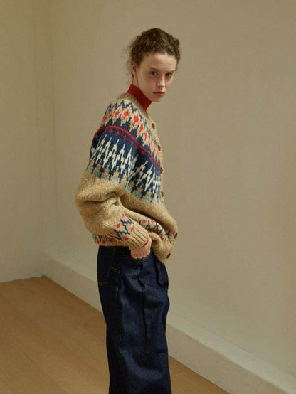 LINHOUSE French Retro Fair Isle Cardigan - Thick Wool Blend Sweater (Women)