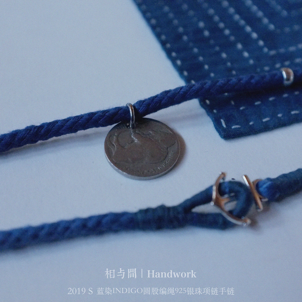 Original Indigo Dyed Indian Coin Woven Silver Bead Necklace Anchor Indigo Hand Rope