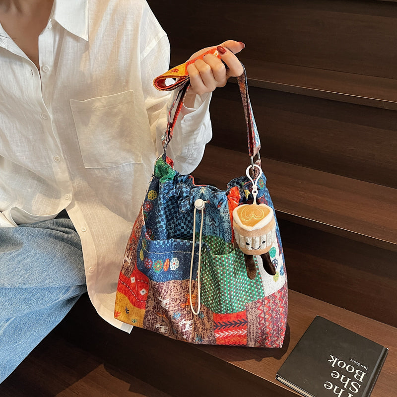 Niche Original Retro Color-Block Ethnic Style 2025 Spring New Denim Bag Single Shoulder Crossbody Canvas Bag for Women