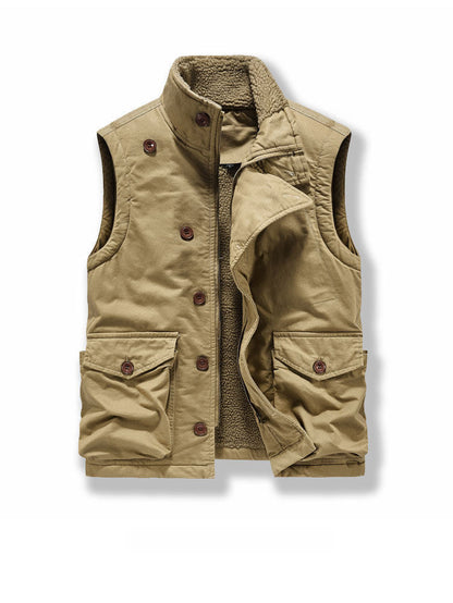 Multi-Pocket Fleece-Lined Utility Vest – Stand Collar Sleeveless Workwear Unisex – Vest | japanese streetwear | vintage workwear | unisex | Yamalinclothes