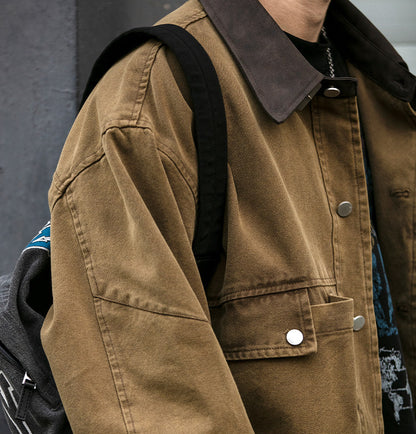 Washed Patchwork Lapel Cargo Jacket – American Retro Oversized Unisex