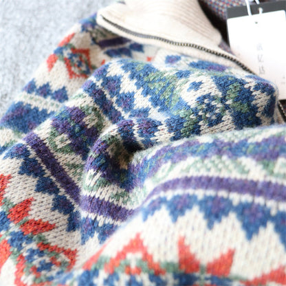 100% Wool Half-Zip Jacquard Stripe Sweater – Men's Ethnic Knit Pullover Khaki