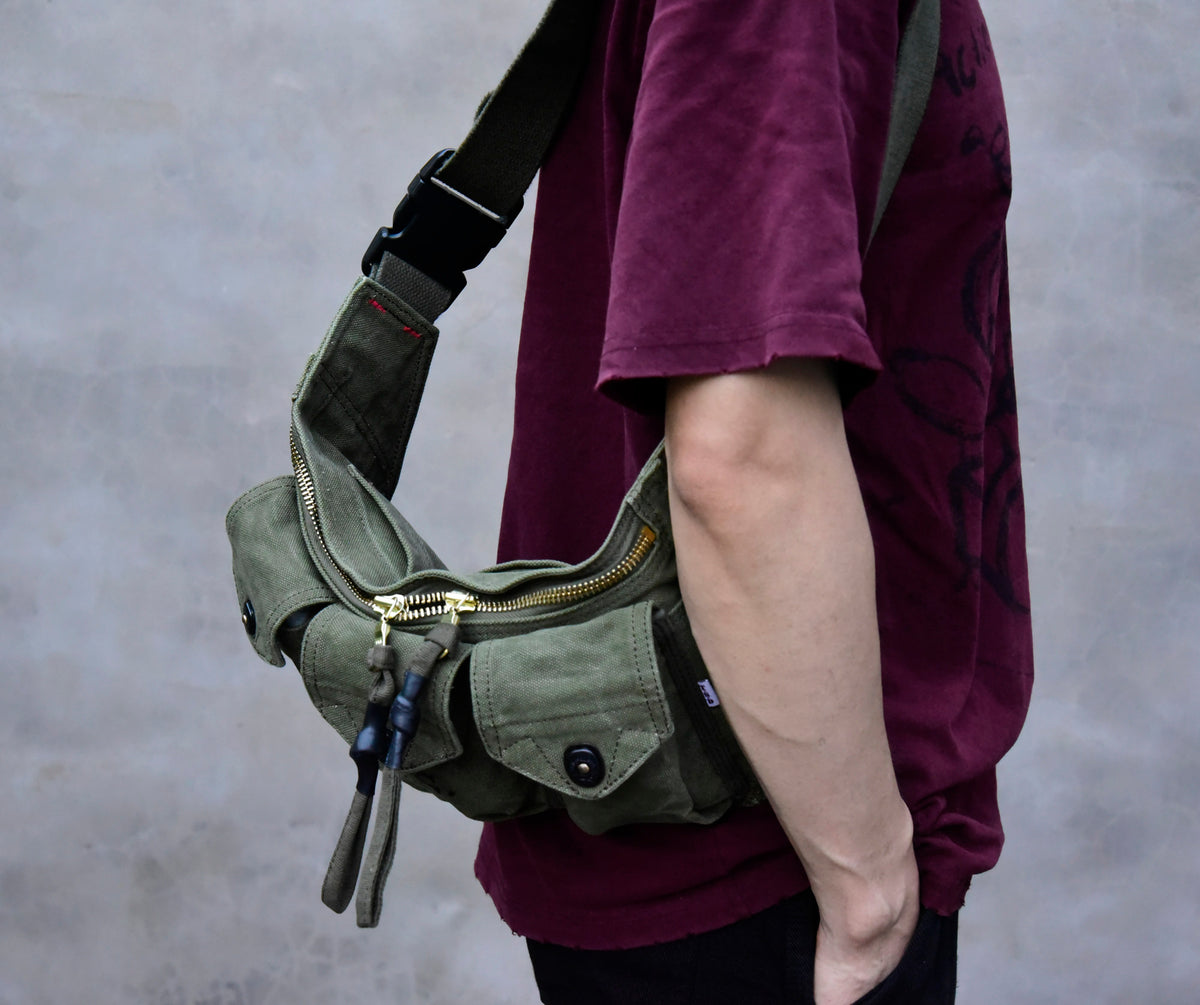 Washed Canvas Distressed Fanny Pack – Vintage 3-Way Chest Crossbody Unisex – Bags | japanese streetwear | vintage workwear | unisex | Yamalinclothes
