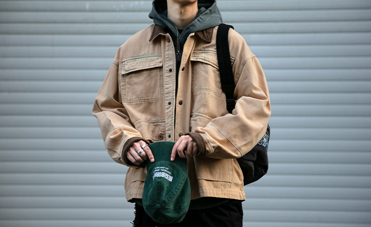 Cotton Cargo Jacket – Corduroy Collar & Four Pockets | Yamalin clothes | Vintage workwear outfit for men