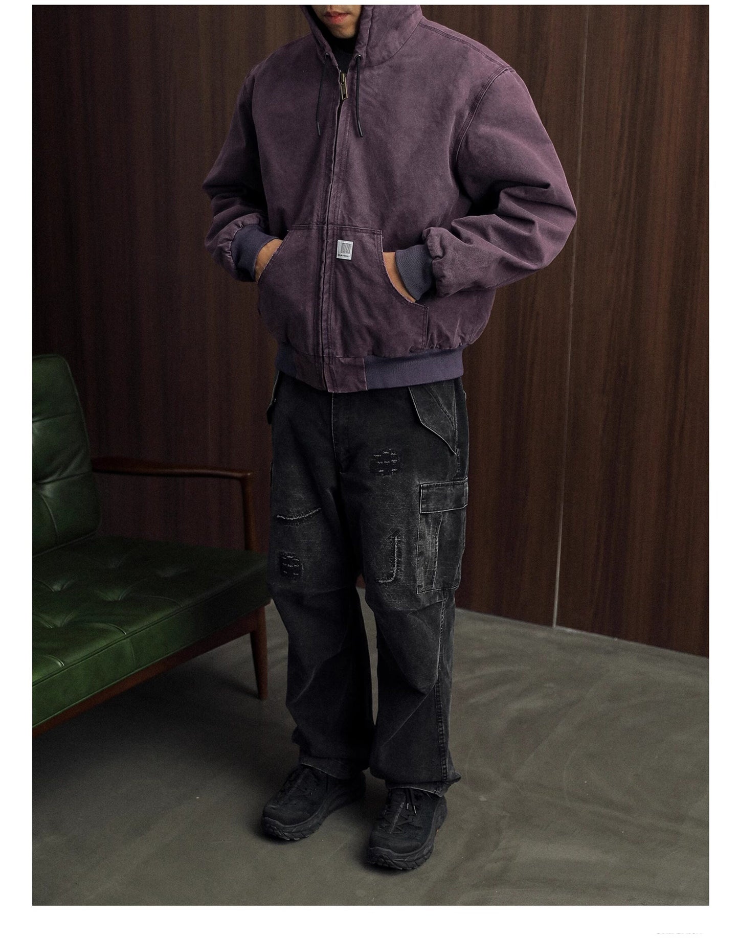 Vintage Wash Distressed Cargo Hoodie Jacket – Thermal Insulated Men's Coat