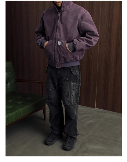 Vintage Wash Distressed Cargo Hoodie Jacket – Thermal Insulated Men's Coat