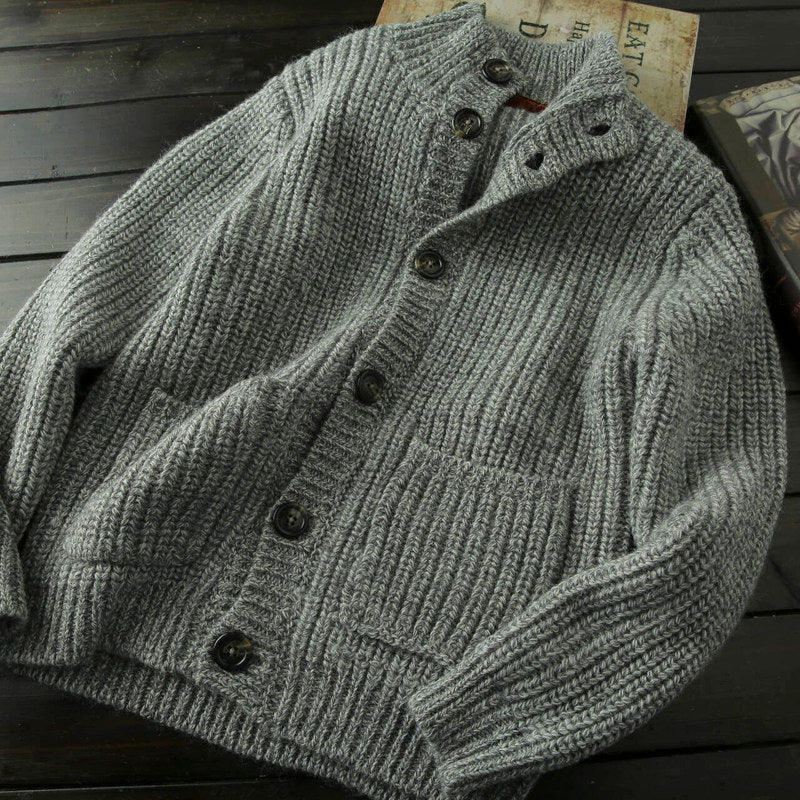 Wool Stand-Collar Knit Cardigan – Thickened Oversized Unisex