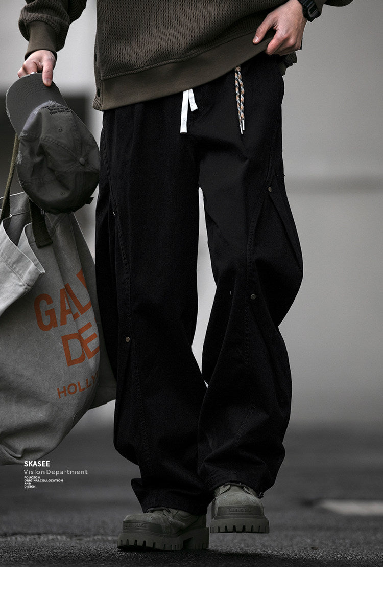 American Vintage Heavyweight Double Pleated Cargo Pants – Wide Leg Drawstring Workwear Trousers for Men | Japanese vintage | yamalin clothes | Yamalinclothes