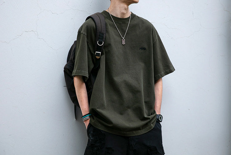 320G Heavyweight Washed Distressed Short Sleeve T-Shirt – Letter Embroidery Vintage Tee for Men – Japanese vintage | yamalin clothes | Yamalinclothes